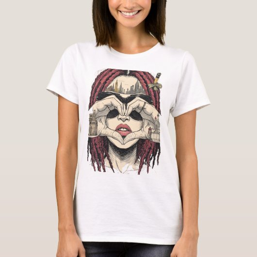 Urban Heart Vision: Pink Dreads, City Skyline, and Tシャツ (正面)