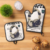 Urban Retro Headphone Vibe Illustration 鍋つかみ&鍋敷きセット (トップダウン)