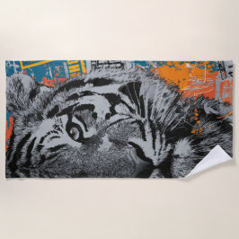 Urban Tiger Close-Up Street Art Illustration ビーチタオル