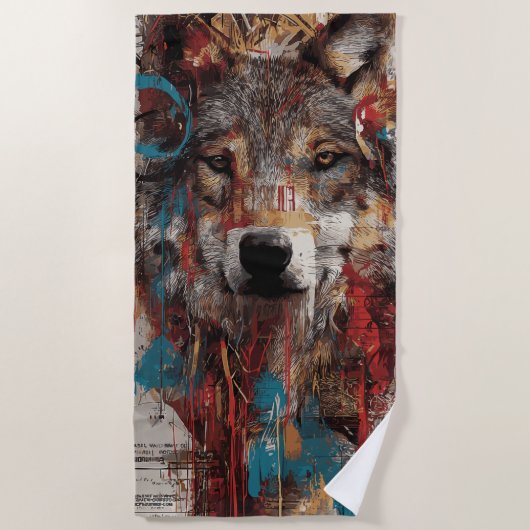 Urban Wolf Collage Street Art Grunge Design ビーチタオル (正面)