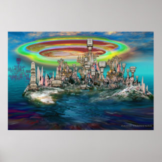 UrbanBuildingTrees島の上の球体 ポスター