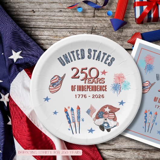 US 250th Anniversary Patriotic Gnome Paper Plates ペーパープレート