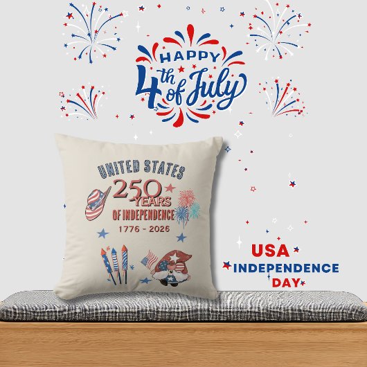 US 250th Anniversary Patriotic Gnome Throw Pillow クッション