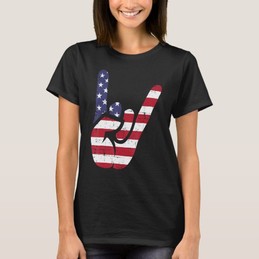 US American Flag and Patriotic Rock Sign of Hand Tシャツ (正面)