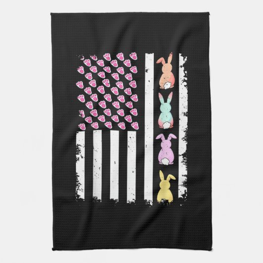 US American Flag with Bunny for Easter Day キッチンタオル (縦)