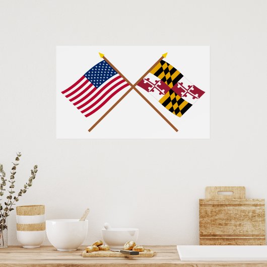 US and Maryland Crossed Flags ポスター (キッチン)