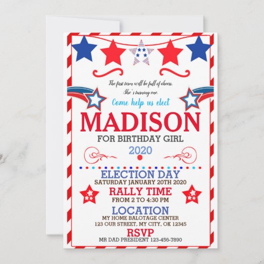 US BIRTHDAY GIRL ELECTION BIRTHDAY INVITATION 招待状 (正面)