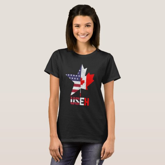 US Eh Canada Canadian American Flag Pride Patrioti Tシャツ (正面フル)