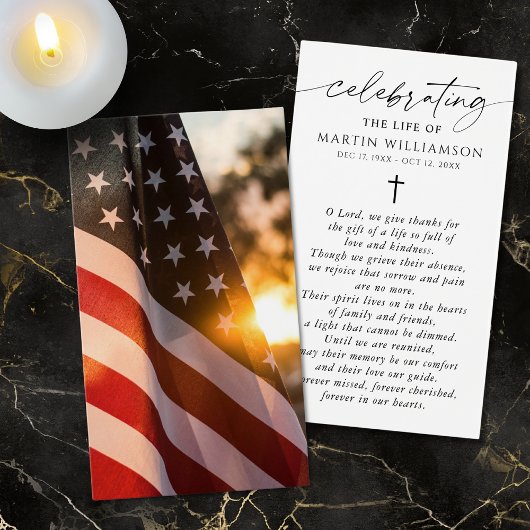 US Flag Cross Memorial Sympathy Prayer Card
