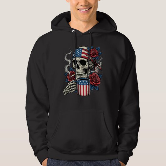 Us Flag Skull and Roses Coffee Hoodie Design パーカ (正面)