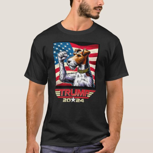 US Flag Vote For Trump 2024 Fist Wire Fox Terrier Tシャツ (正面)
