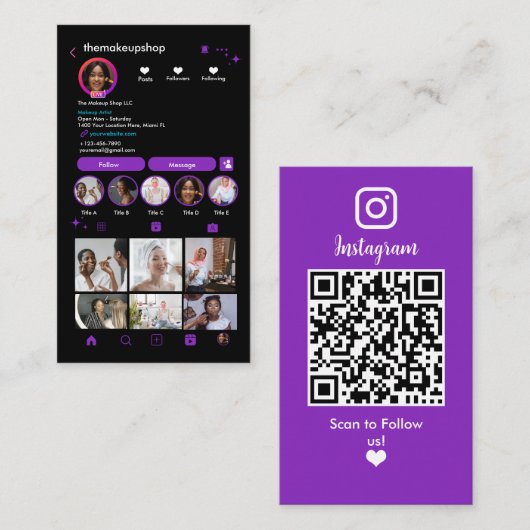 Us Instagram Purpleとの接続 |ソーシャルメディア 名刺 (正面/裏面)