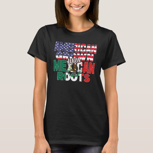 US & Mexican Flag MEXICAN ROOTS Half American Half Tシャツ (正面)