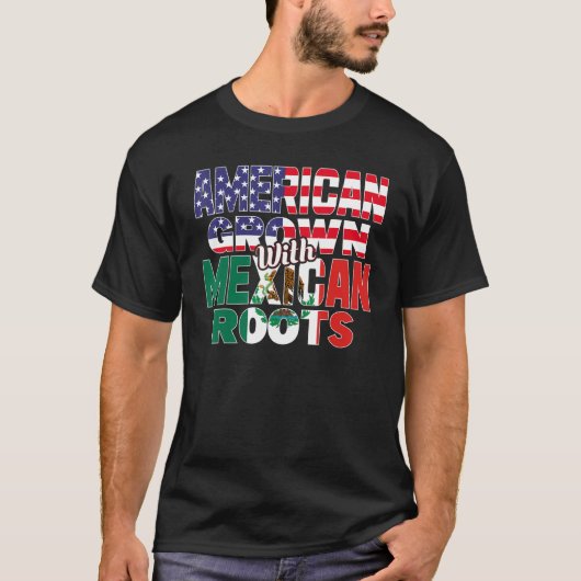 US & Mexican Flag MEXICAN ROOTS Half American Half Tシャツ (正面)