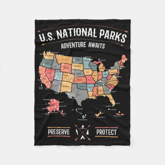 Us National Parks Map Preserve Protect Hiking Camp フリースブランケット (正面)