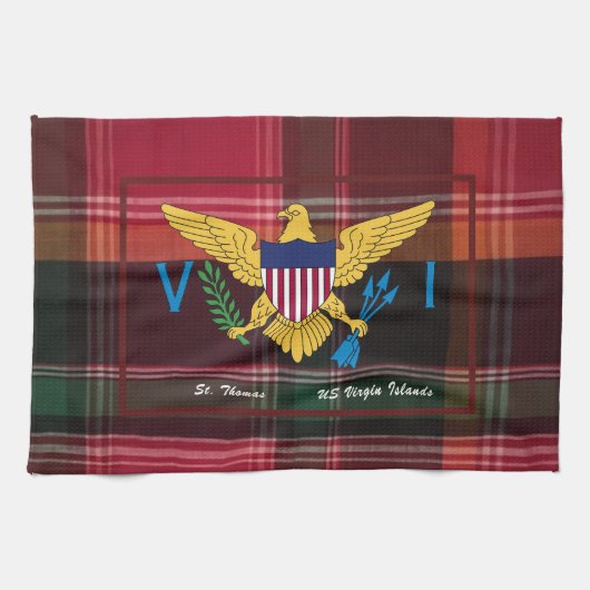 US Virgin Islands Flag St. Thomas USVI Madras キッチンタオル (横)