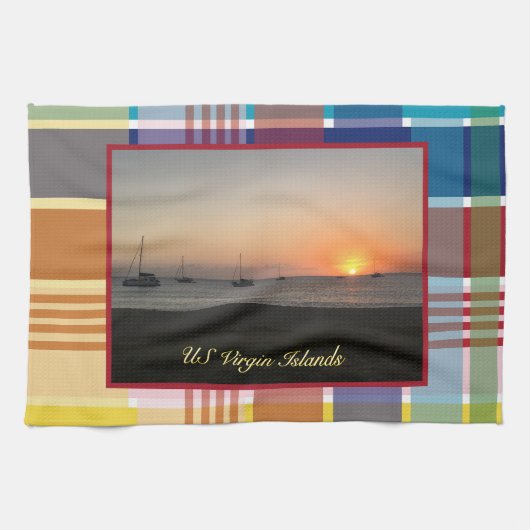 US Virgin Islands Sunset USVI Madras キッチンタオル (横)