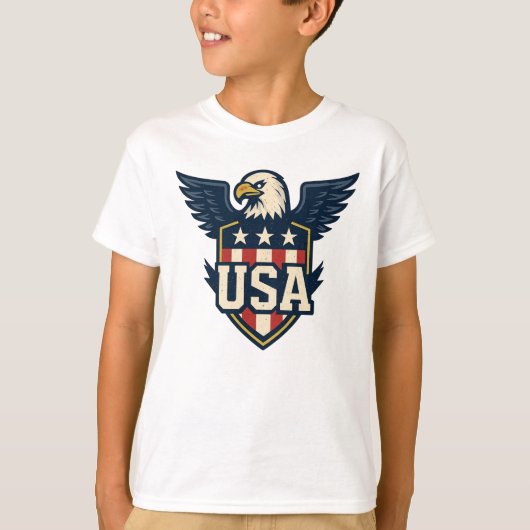 USAイーグルクレスト – ヴィンテージ国旗のシールド Tシャツ (正面)