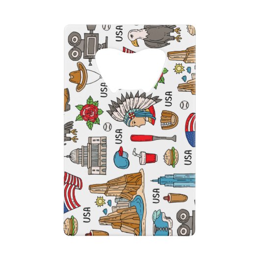 USAシンボルヴィンテージシームレスパターン クレジットカード栓抜き (正面)