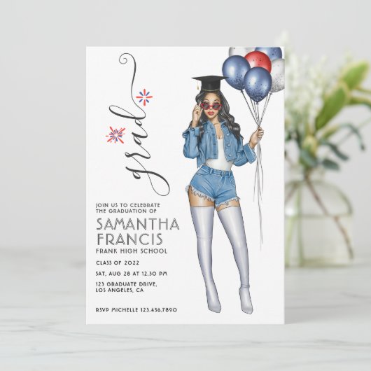 USAデニムをテーマにした女子卒業パーティー招待状 招待状 (スタンド正面)