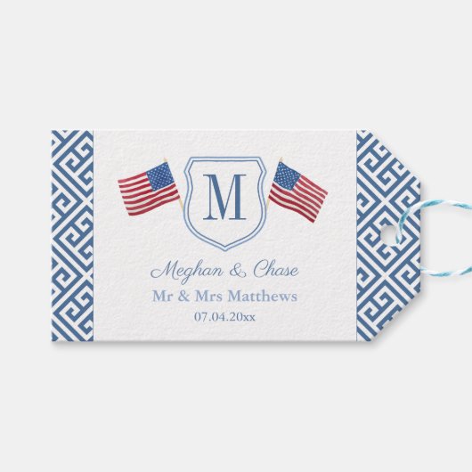 USAフラッグズ愛国的モノグラムクレストウェディングシャワー ギフトタグ (正面(横))
