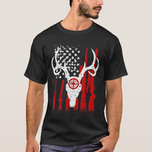 USAレッドホワイトヴィンテージ鹿狩りアメリカ国旗 Tシャツ (正面)