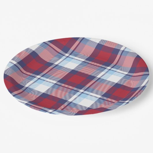 USA伝統的赤白青タータンチェックパターン ペーパープレート (アングル)
