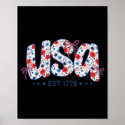 USA建国1776年 可愛いリボンのアメリカ国旗フラワー 7月4日 ポスター (正面)