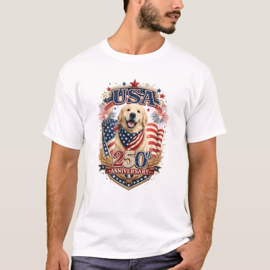 USA建国250周年ゴールデンレトリバーTシャツ #3 Tシャツ (正面)