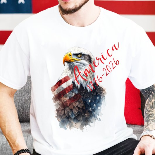 USA建国250周年 ハクトウワシとアメリカ国旗の水彩画 Tシャツ