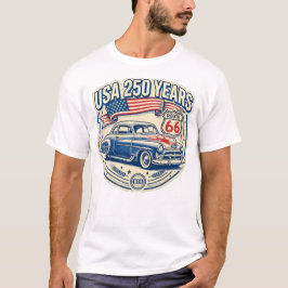 USA建国250周年 ルート66 ビンテージカー メンズTシャツ Tシャツ