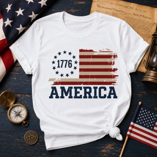 USA建国250周年 ヴィンテージ1776 アメリカ ディストressedフラグ Tシャツ