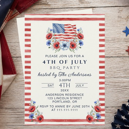 USA愛国ウォーターカラーフローラル 7月4日BBQ  招待状