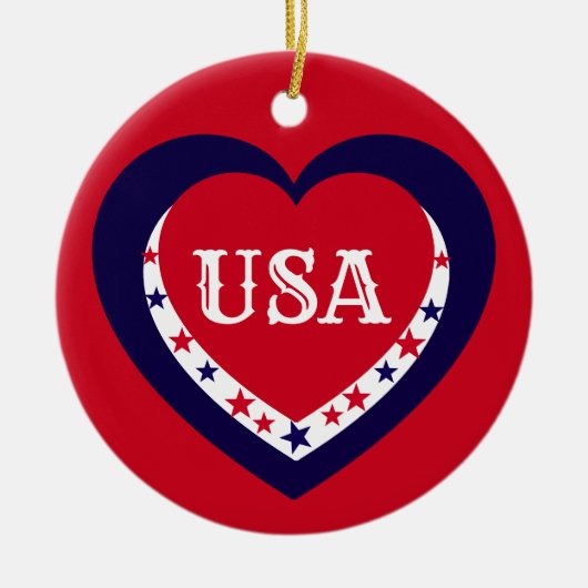 USA愛国赤白青ハートクリスマス セラミックオーナメント (正面)