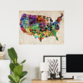 USA水彩地図 ポスター (ホームオフィス)