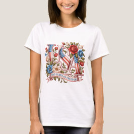 USA独立250周年 フローラル パトリオティック ヴィンテージ Tシャツ