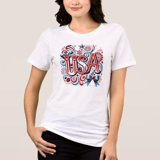 "USA" おしゃれな筆記体 - 愛国的な結婚式とパーティー トライブレンドＴシャツ (正面)