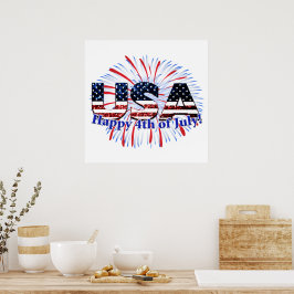 USA テキスト フラグ キラキラ 花火 ハッピー 4th of July ポスター