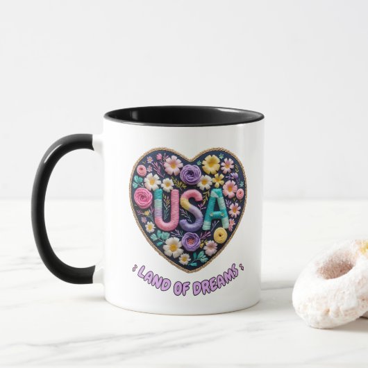 USA ドリームランドの花の立体刺繍アート マグカップ (ドーナツ)