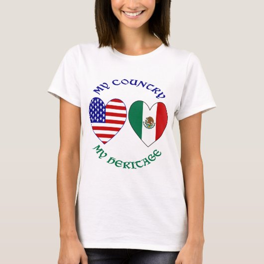 USA メキシコ国旗ハート 私の国 私のルーツ Tシャツ (正面)