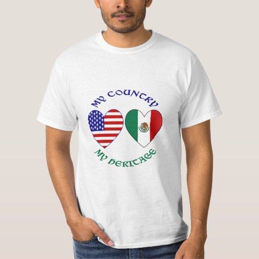 USA メキシコ 国旗 ハート 私の国 私のルーツ Tシャツ (正面)