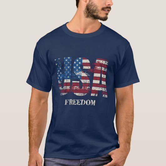 USA - 自由 赤 白 青 愛国的な Tシャツ (正面)