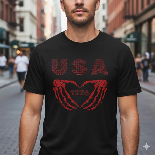 USA 1776 愛国スケルトンハートハンドTシャツ Tシャツ