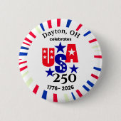 USA 250 オーダーメイド 町名＋州名 アメリカ愛国主義 レッド ホワイト ブルー 缶バッジ (正面)