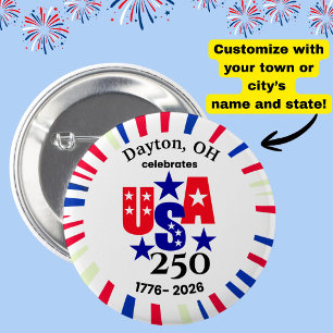 USA 250 オーダーメイド 町名+州名 アメリカ愛国主義 レッド ホワイト ブルー 缶バッジ