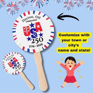 USA 250 カスタム町名州名入り愛国赤白青 ハンドファン