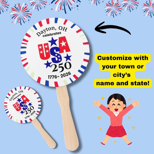 USA 250 カスタム町名州名入り愛国赤白青 ハンドファン