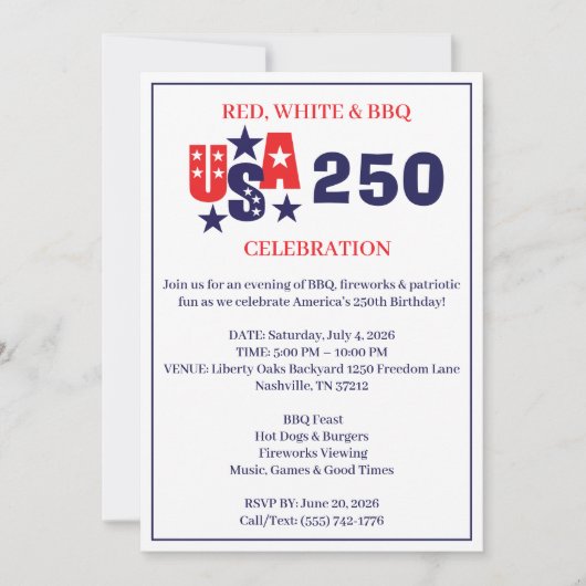 USA 250 周年記念パトリオティックBBQパーティー 招待状 (正面)