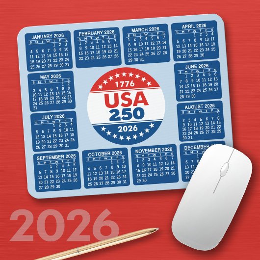 USA 250 2026年カレンダー - 赤 白 青 マウスパッド