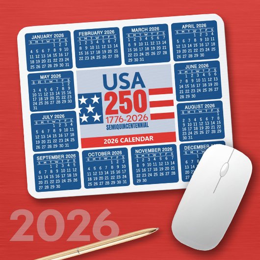 USA 250 with 2026 Calendar - Red White Blue マウスパッド